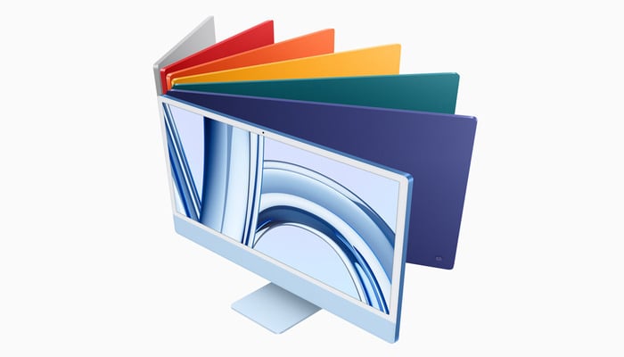 An undated image displaying different colour variants of M3 iMac. — Apple