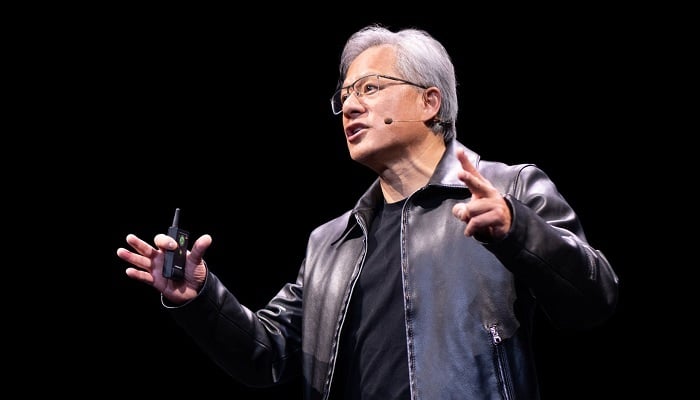 The image shows Nvidia CEO Jensen Huang. — Nvidia