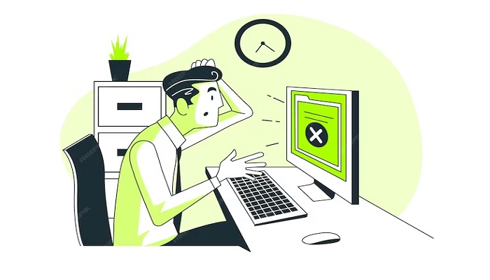 The image is an animation showing a man frustrated by a slow computer. — Freepik