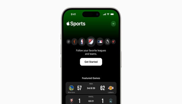 An undated image displays Apple Sports app UI. — Apple