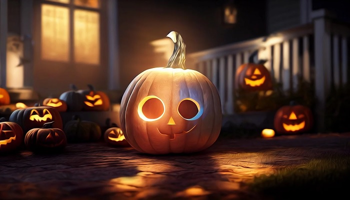 The image is an AI-generated photo of Halloween pumpkins. — Pixabay