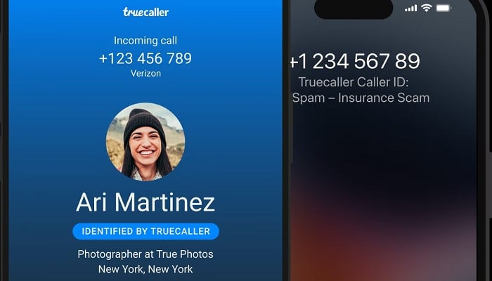 The image shows Truecaller app identifying a caller on a phone screen. — Truecaller