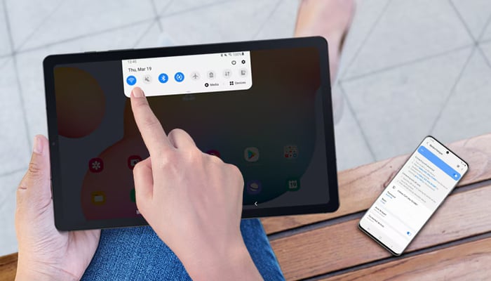 An undated image shows a person using Galaxy Tab S6 Lite. — Samsung