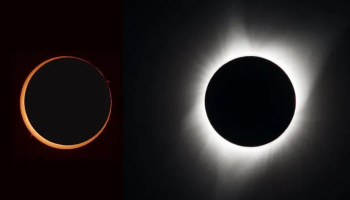 An undated image Left, Annular Eclipse (2005). Right, Total Eclipse, (2017). – NASA