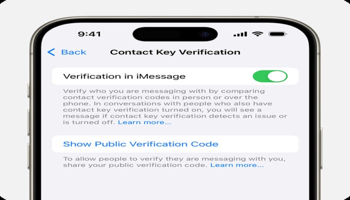 The image shows Contact Key Verification on iMessage. — Apple