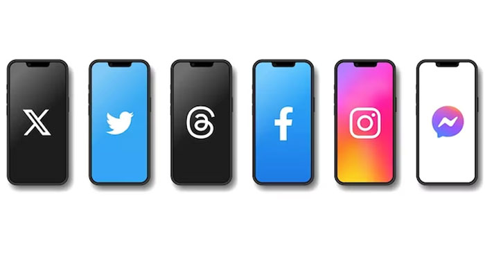 An undated image of X, Twitter, Threads, Facebook, Instagram, and Messenger ogo displayed on mobile screens. — Freepik
