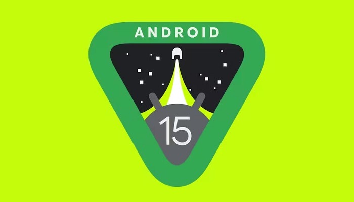 The image is an illustration showing Android 15 on a lime green background. — Google