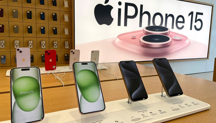 The new Apple iPhone 15 is displayed at an Apple Store on November 02, 2023 in Corte Madera, California. — AFP