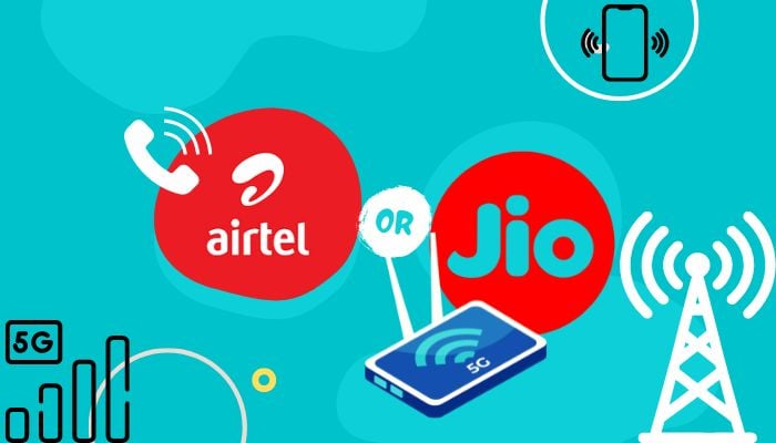 An illustartion of Airtel (left) and Jio (right) logos. — Canva
