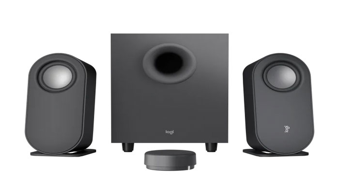 An undated image shows the complete kit of Logitech Z407 bluetooth speakers. — Logitech