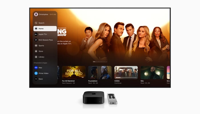 An undated image showing LED screen along with Apple TV with remote. — Apple