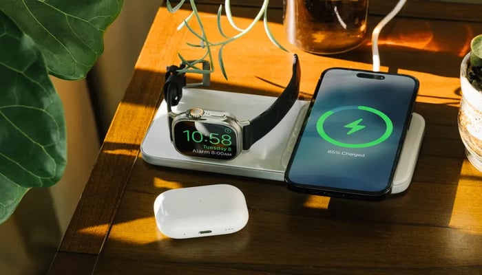An undated image of Nomad Base One Max 3-in-1 MagSafe charger. — Nomad