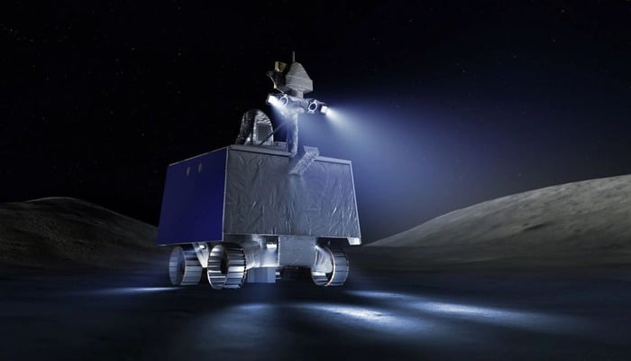Artists illustration of NASAs ice-hunting VIPER rover exploring the moon. — NASA