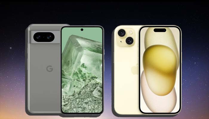 A representational image of iPhone 15 v Pixel 8. — Canva