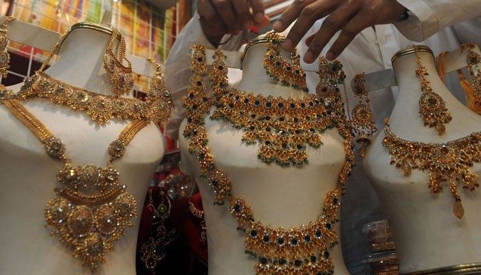 An undated image of gold jewellery displayed at a store. — AFP