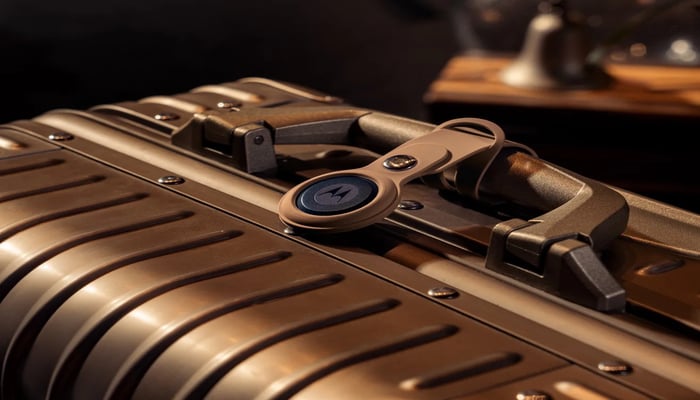 An undated image of a Moto Tag on a briefcase. — Motorola