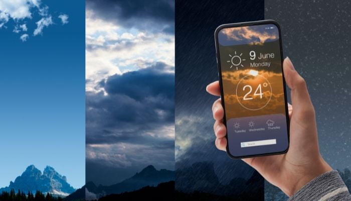An undated image of a person using weather app. — Canva