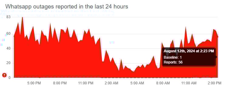 A sceengrab of a chart showing a view of problem reported in the past 24 hours. — Downdetector.com
