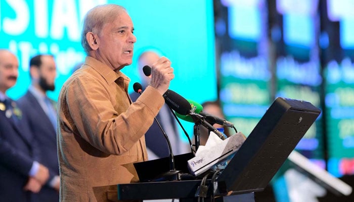 Prime Minister Shehbaz Sharif addressing an event organised to celebrate the International Youth Day in Islamabad on Monday, August 12, 2024. — PPI