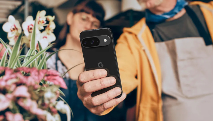 An undated image of a person using a Pixel 9 phone. — Google Keyword