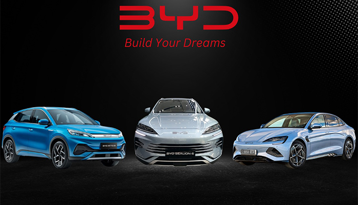 An undated image showing BYD Atto 3 (left), Sealion 6 (centred) and Seal (right). — BYD/Canva