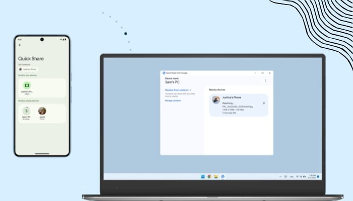 An undated image of a Quick Share feature sharing file from mobile to a laptop. — Google Blog