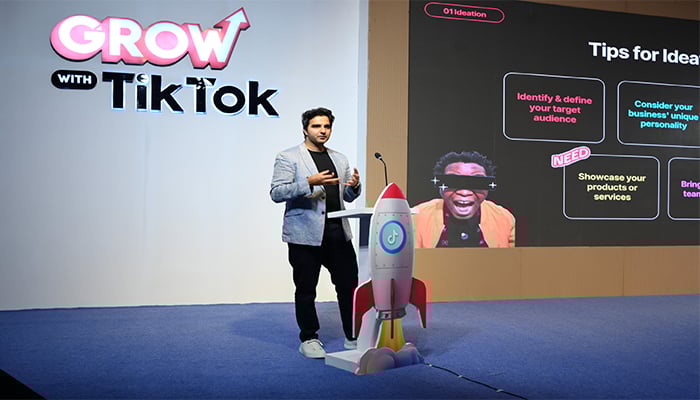 The image shows TikTok Head of Content Operations and Marketing in Pakistan on stage at Grow with TikTok event held on August 31 in Karachi, Pakistan. — Picture by author