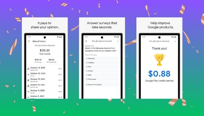 An undated image of the Google Opinion Rewards app features. — Google Play Store