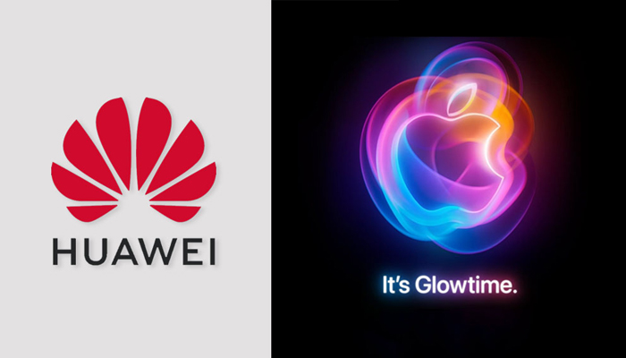 An undated image showing Huawei (left) and Apple upcoming event (right) logos. — Huawei/Apple/Gadinsider