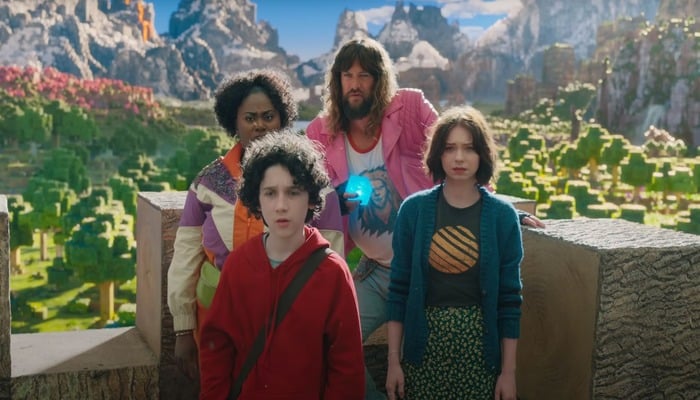 A snapshot of the Minecraft movies first trailer poster featuring cast members including Jason Momoa. — Warner Bros. Pictures/YouTube
