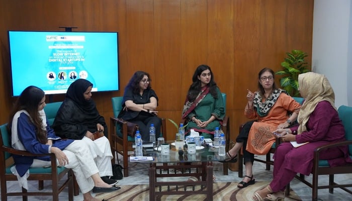 An image of panellists discussing problems women freelancers and startups facing due to internet outage in Pakistan at Women Media Centre(WMC), on September 6. — Supplied