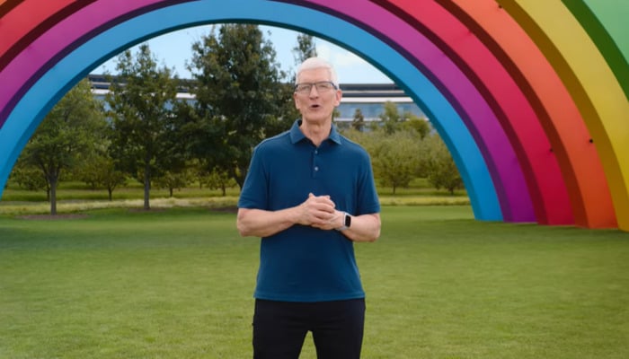 The image shows Apple CEO Tim Cook speaking at Its Glowtime event on September 9. — Screengrab via YouTube Apple channel