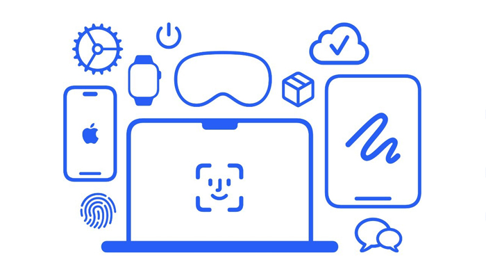 An undated image showing illustration of MacBook with Face ID icon. — Apple