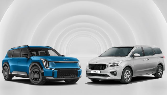 An undated image showing KIA EV9 (left) and Carnival Limousine (right). — KIA/Canva