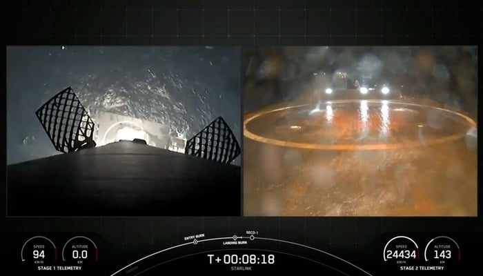 Image of first stage of SpaceX Falcon 9 rocket landing on drone ship after launching 20 of companys Starlink internet satellites from Floridas Cape Canaveral Space Force Station on Oct. 18, 2024. — X/@spacex