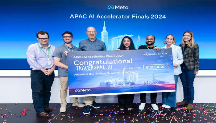 An undated image of traversaal.ai team receiving Meta AI Accelerator Competition prize in Singapore. — LinkedIn/@kanwal-mehreen1