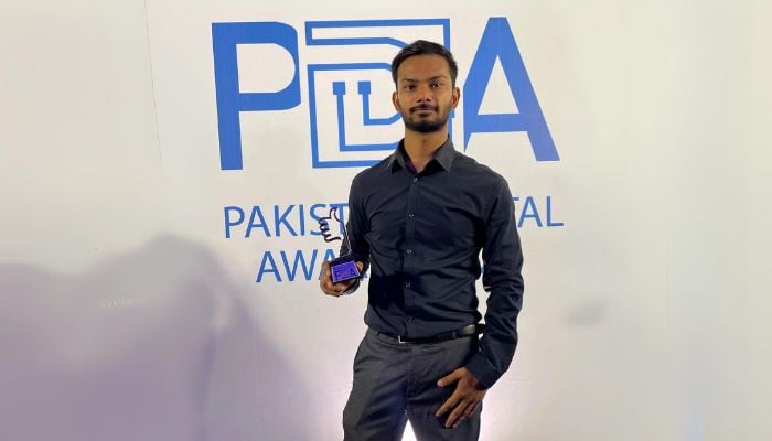 An undated image of Arham Imtiaz at an award event. — Supplied