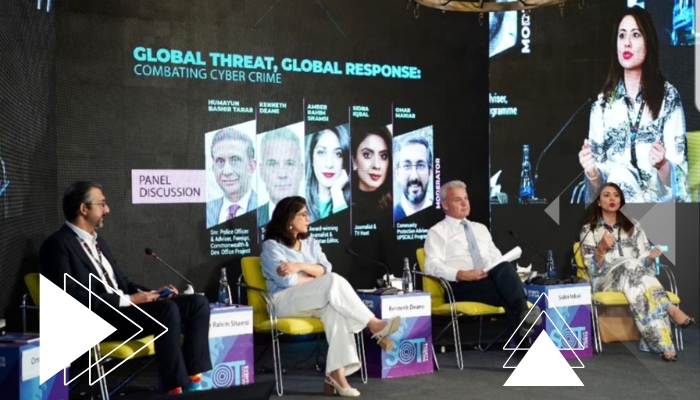 An image of panelists at a session titled Global Threat Global Response: Combating Cyber Crime at Beach Luxury Hotel Karachi on November 2, 2024. — Instagram