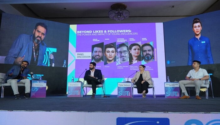 An image of panelists at a session titled Beyond likes and followers: The power and impact of young influencers at Beach Luxury Hotel Karachi on November 3, 2024. — Photo by author