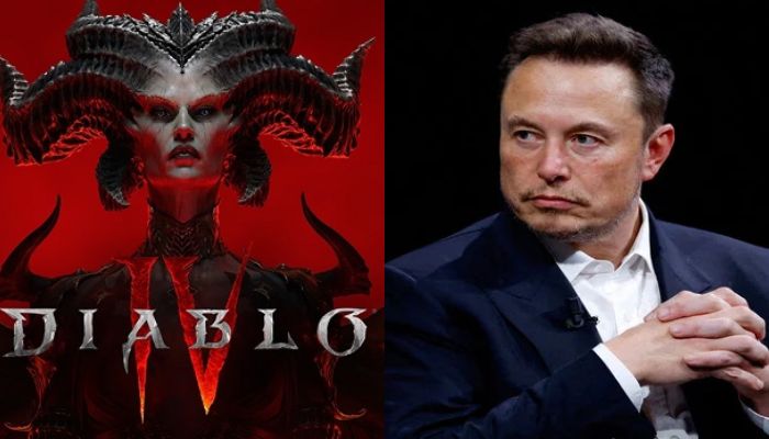 An image of Diablo 4 poster and Elon Musk in Viva Technology conference in Paris, France, June 16, 2023. — Steam/Reuters