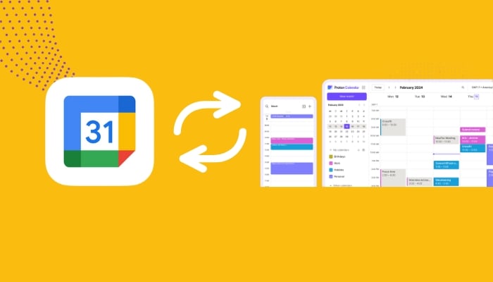 An undated image showing data transfer of Google Calendar to Proton Calender. — Proton/App Store-Apple/ Canva