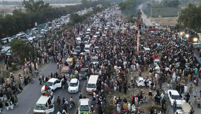 An undated image of Pakistan Tehreek-e-Insafs protesters. — BBC