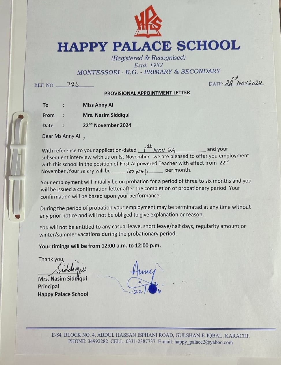 An image of appointment letter of AI robot Miss Anny at Happy Palace Isphani campus cliked on November 26, 2024. — Photo by author