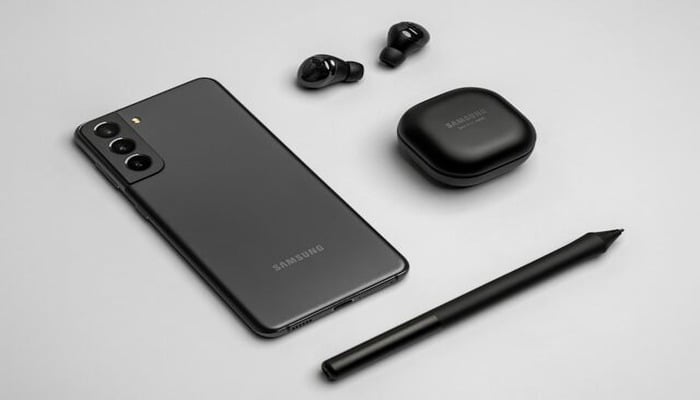 An undated image of a Samsung phone along with its accessories. — Unsplash
