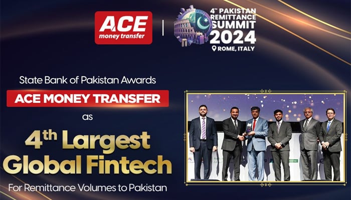 An undated image of the poster of ACE Money Transfer receiving award for being the 4th Largest Global Fintech for Remittance Volumes to Pakistan. — ACE Money Transfer