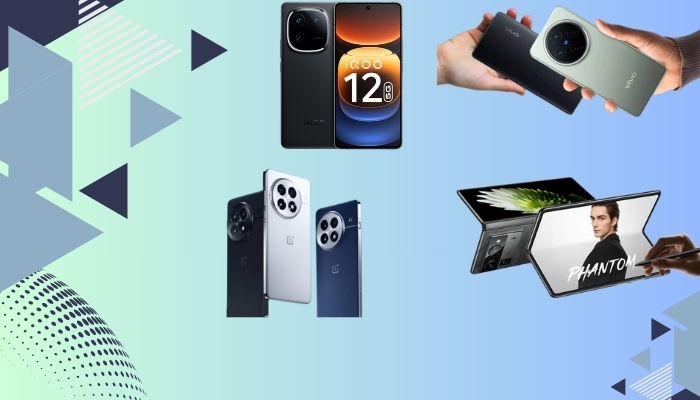 An undated image of iQOO 12, OnePlus 13, PHANTOM V Fold2 5G, and Vivo X200 5G. — Vivo/ Phantom/ OnePlus/ iQOO/ Canva