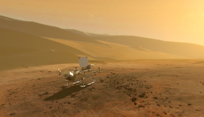 An undated image of NASA’s Dragonfly rotorcraft. — NASA