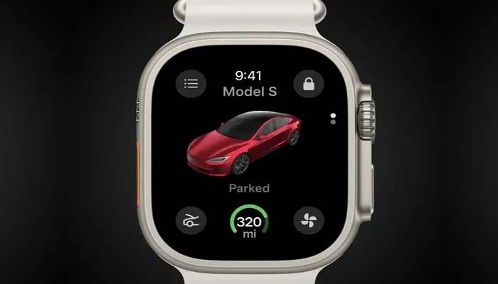 An undated image showing Tesla app with phone key on a Apple Watch. — Tesla