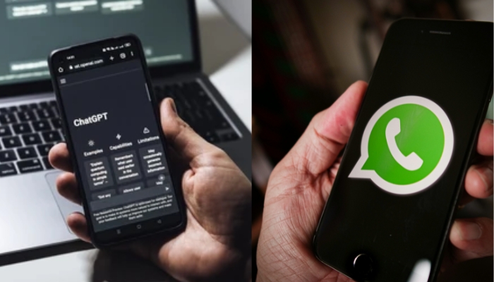 An undated image of WhatsApp logo (right) and a person using ChatGPT (left). — Shutterstock/ Unsplash/ Canva