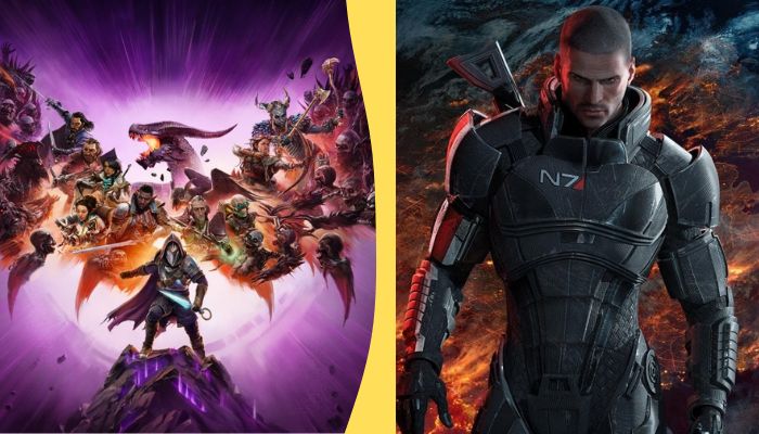 An undated image of Dragon Age: The Veilguard and Mass Effect 5 posters. — EA/IGN/Canva